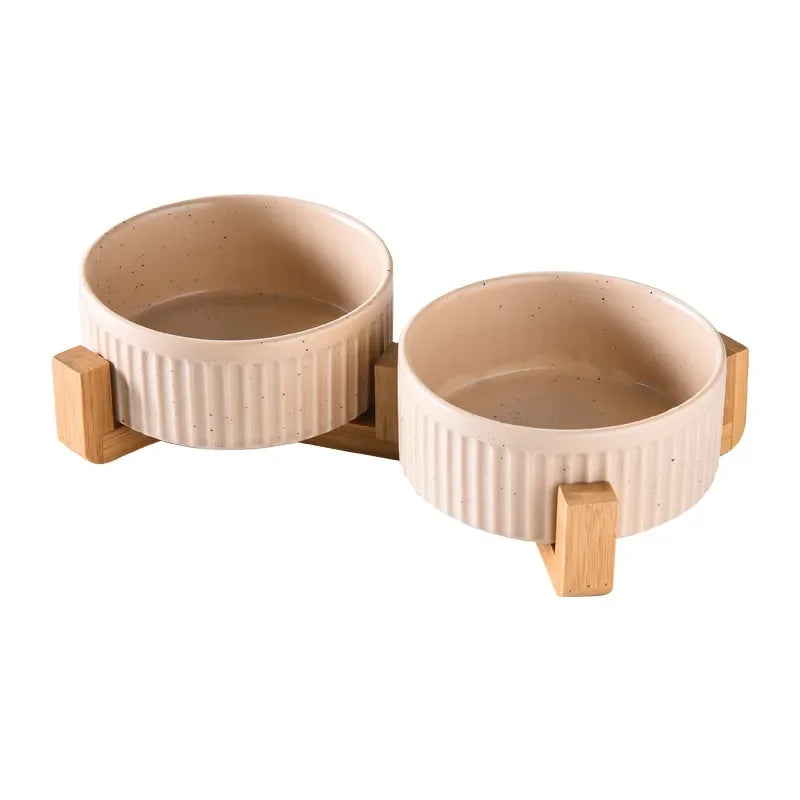Paw Care USA premium ceramic pet food and water bowls with wooden stand for pets