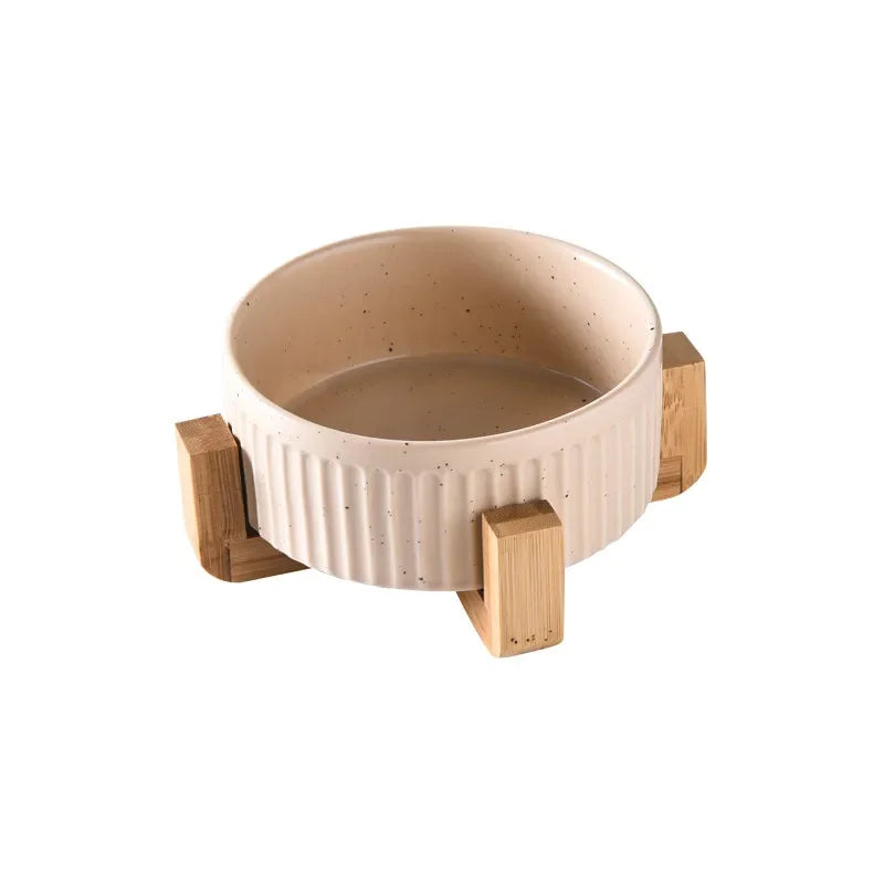 Paw Care USA premium ceramic pet food and water bowls with ribbed design and wooden stand