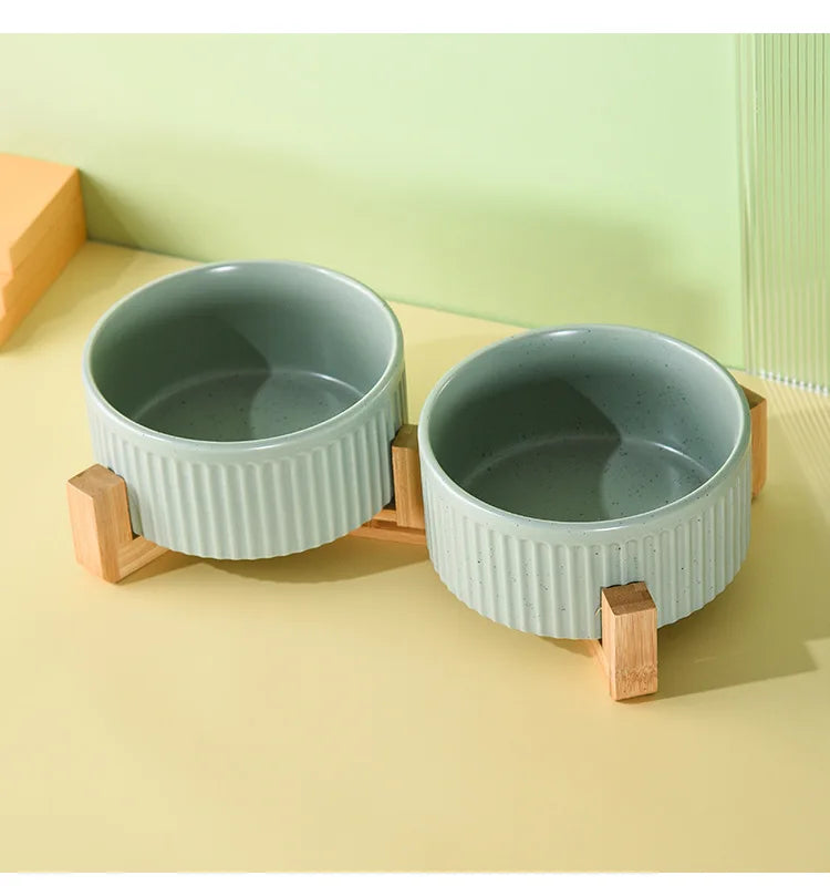 Paw Care USA premium ceramic pet food and water bowls with wooden stand in light gray