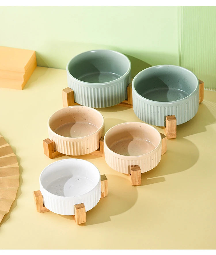 Paw Care USA premium ceramic pet food and water bowls in white beige and gray with wooden stands