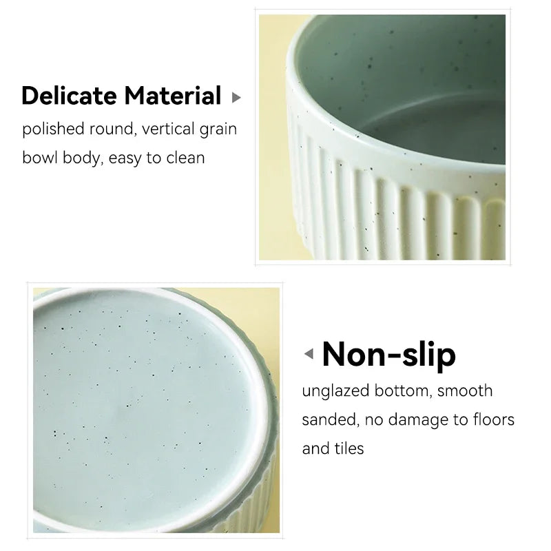 Close up of premium ceramic pet food and water bowls showing polished body and non slip unglazed bottom