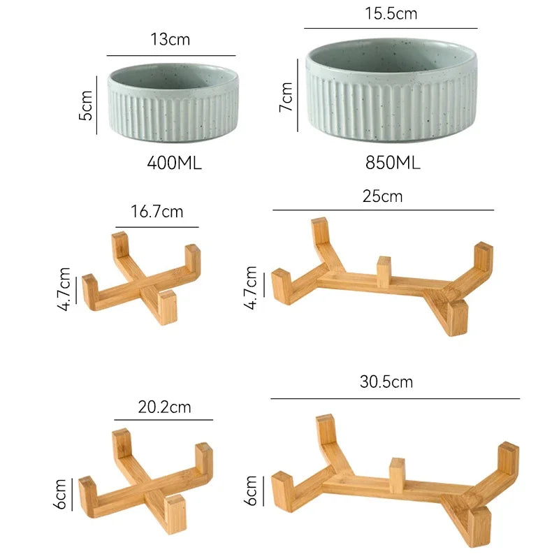 Premium ceramic pet food and water bowls with wooden stands showing different sizes and dimensions