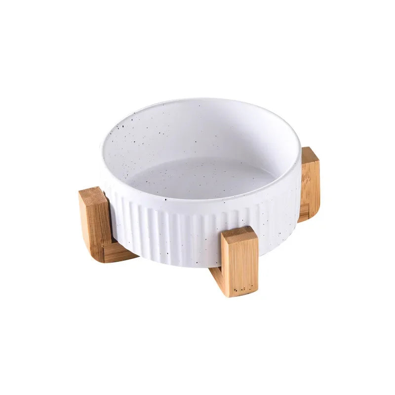 Paw Care USA premium ceramic pet food and water bowls with white speckled design and wooden stand