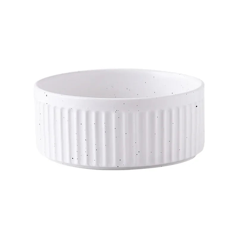 White premium ceramic pet food and water bowl with ribbed textured design by Paw Care USA