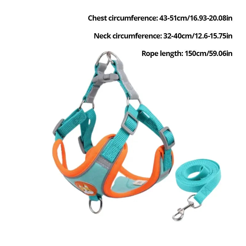 Reflective dog and cat vest with leash in teal and orange for safety during walks