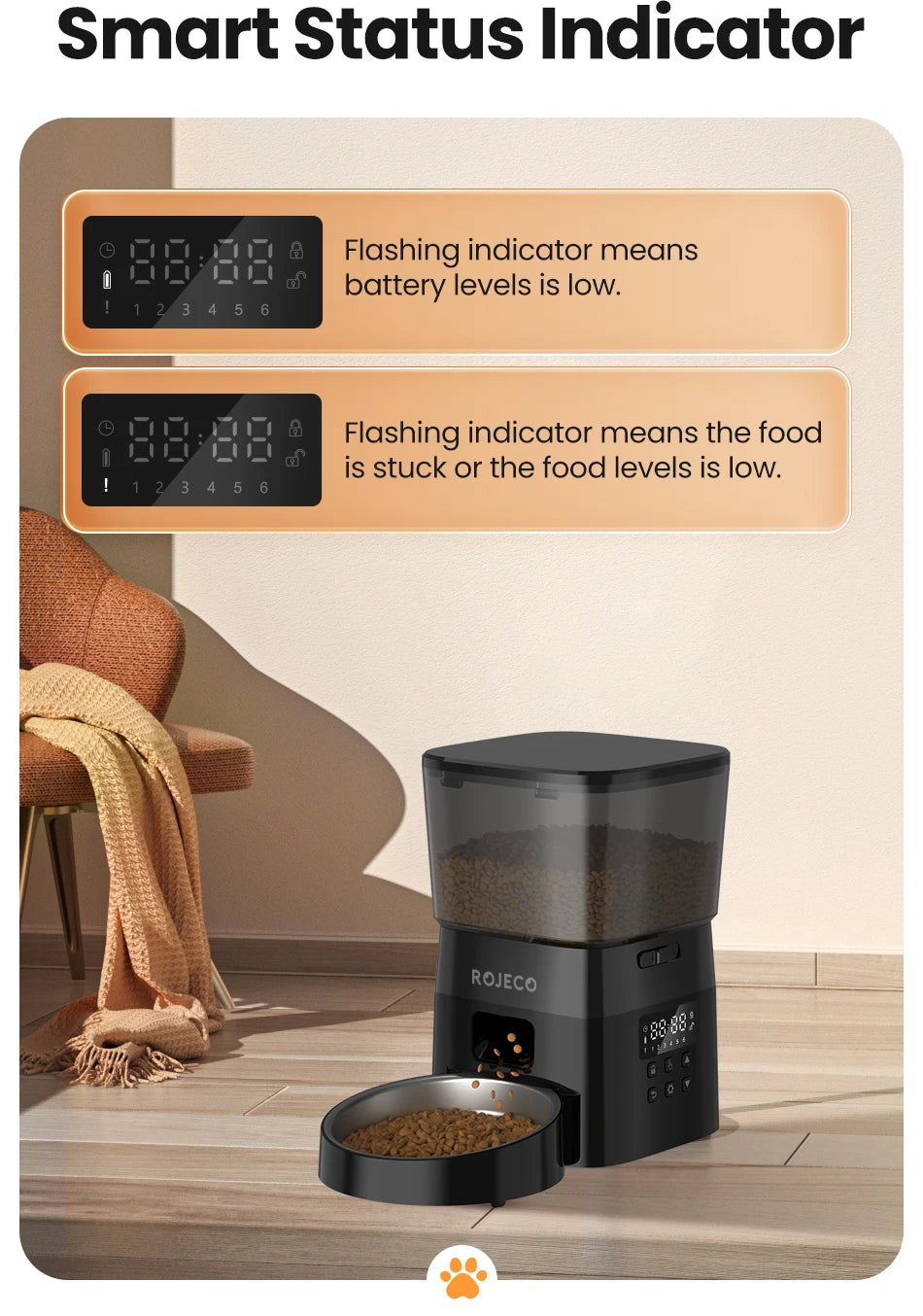 Paw Care USA best automatic food dispenser for pets USA with smart status indicator and low battery alert