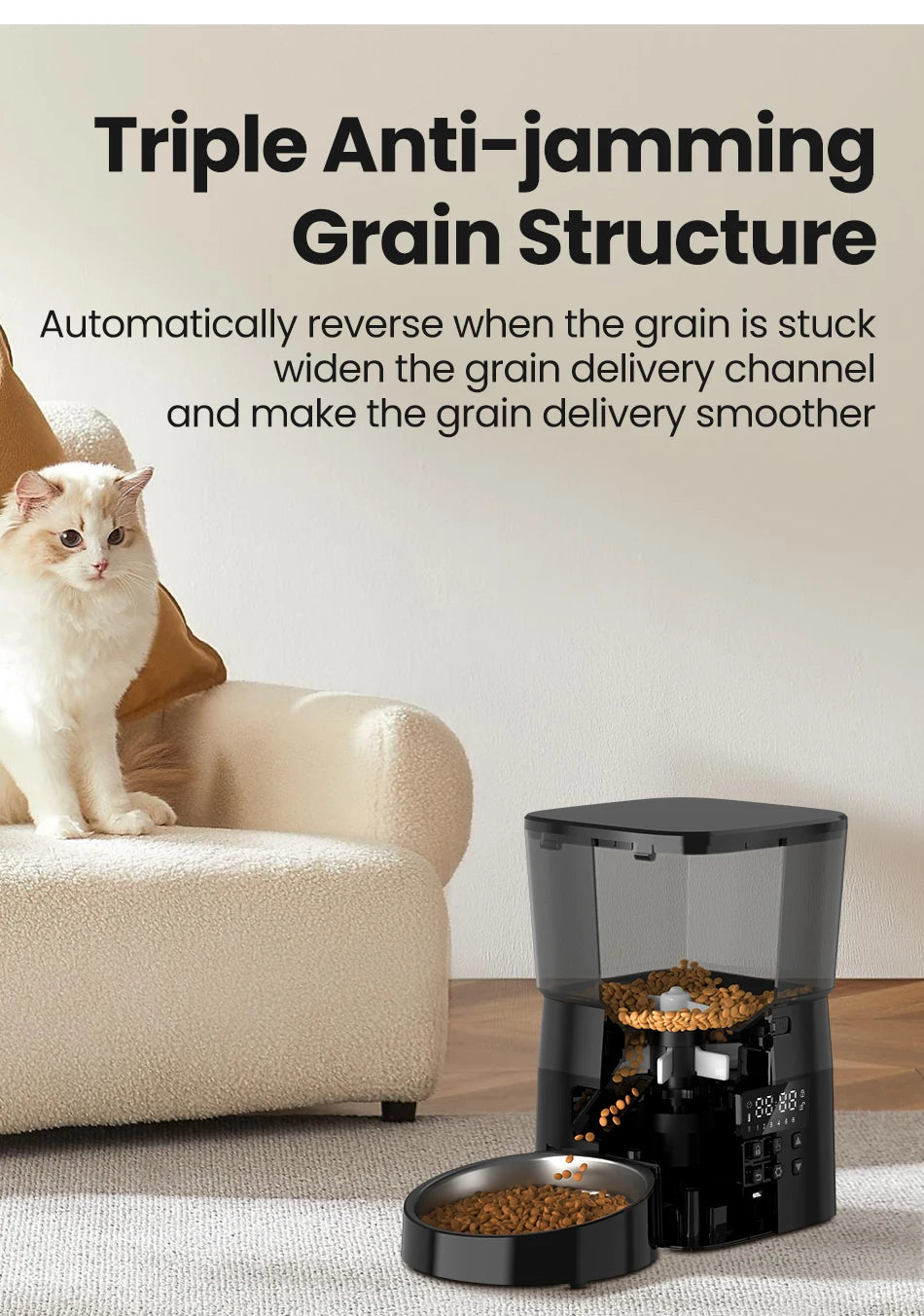 Best automatic food dispenser for pets USA with triple anti-jamming grain structure and cat nearby