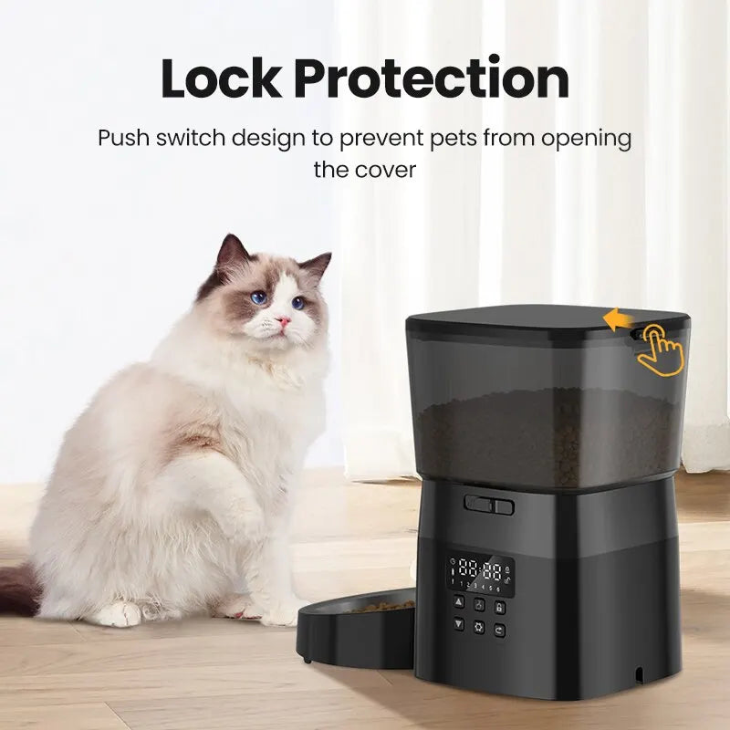 Black automatic pet food dispenser with lock protection next to fluffy white cat best automatic food dispenser for pets USA