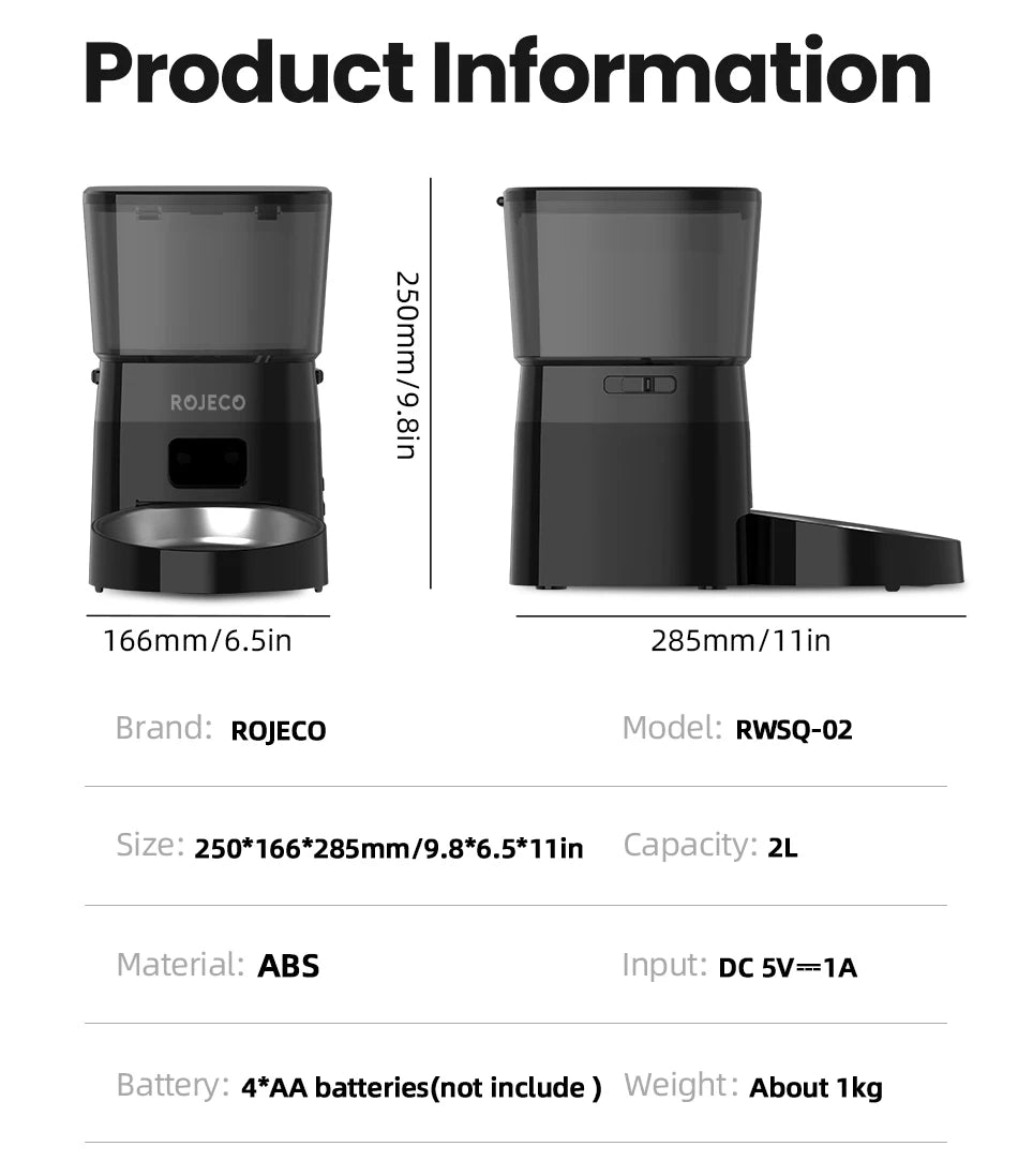 Best automatic food dispenser for pets USA by Paw Care USA, black compact design with 2L capacity and battery powered