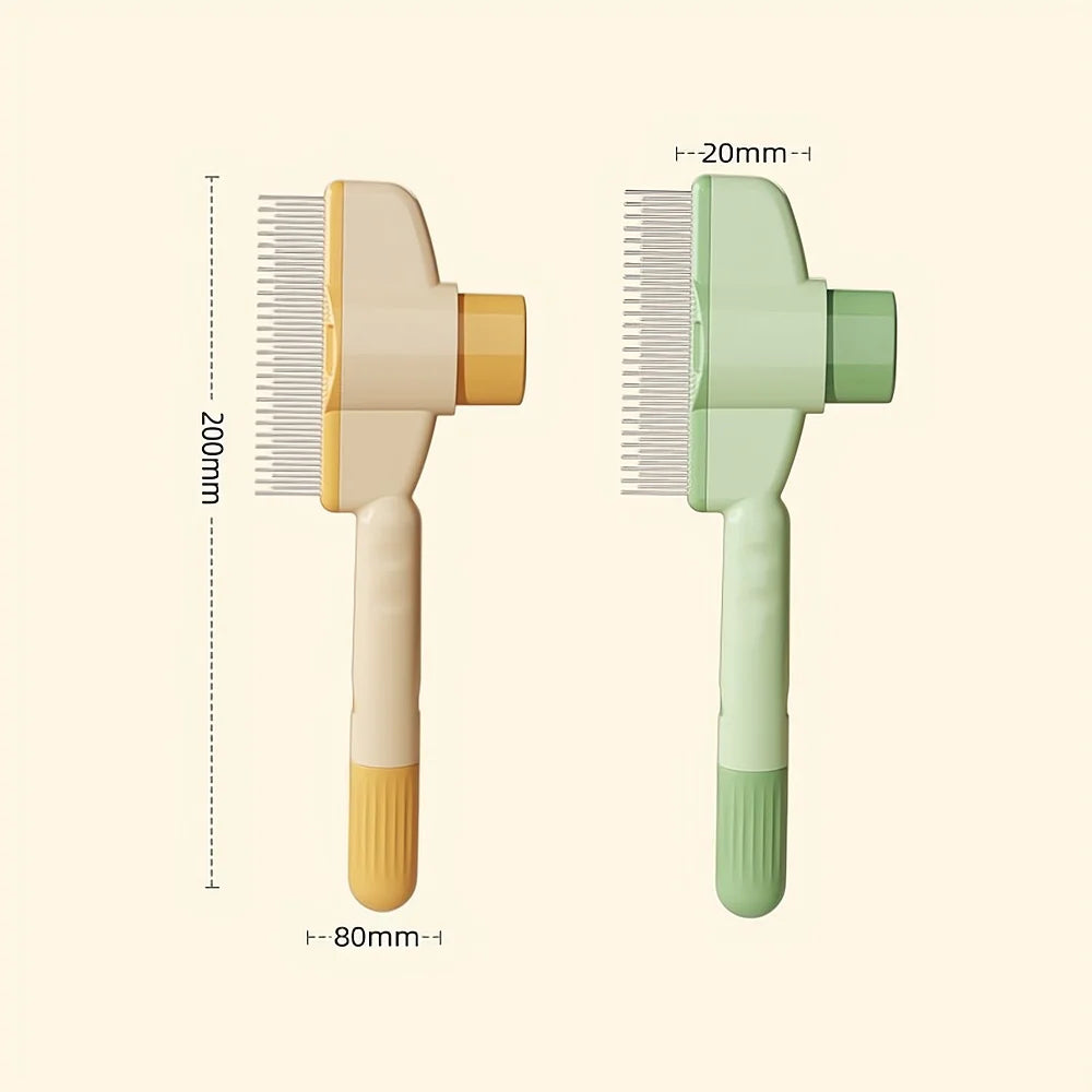 Self Cleaning pet hair remover grooming tool in beige and green with ergonomic handles and fine metal bristles