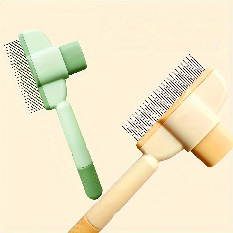 Self Cleaning pet hair remover grooming tool in green and beige with fine metal combs for pet grooming