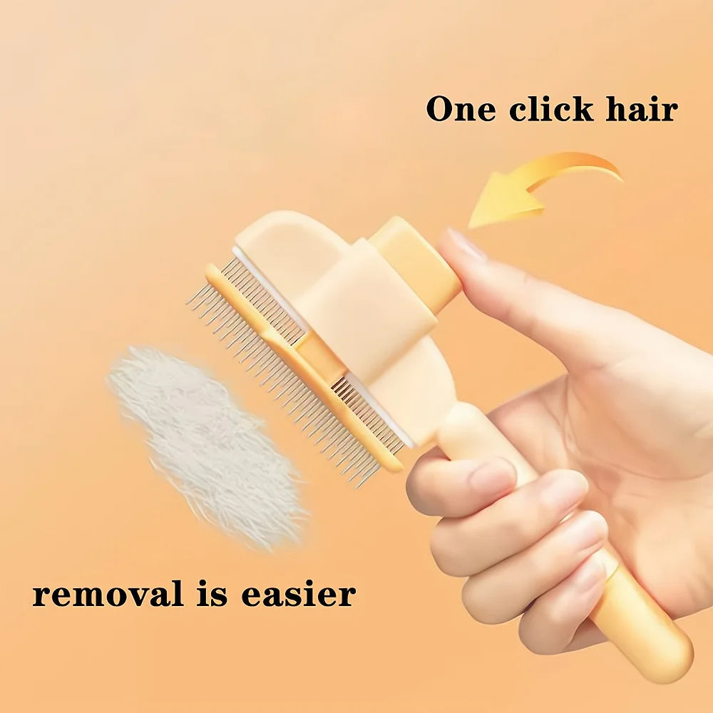 Paw Care USA self cleaning pet hair remover grooming tool in hand removing white pet hair easily