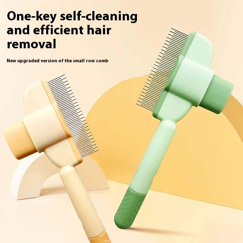 Self Cleaning pet hair remover grooming tool in green and beige with metal bristles for efficient hair removal