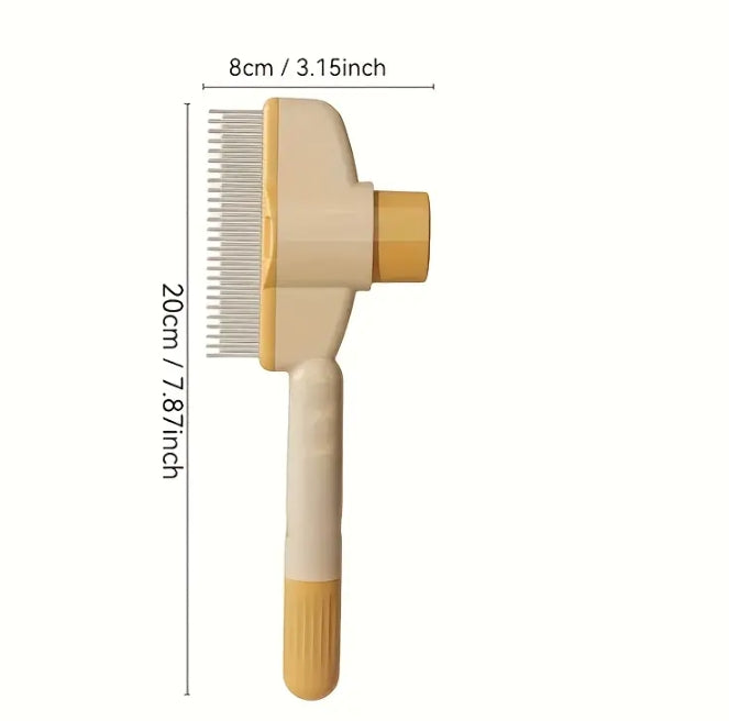 Self cleaning pet hair remover grooming tool by Paw Care USA with beige handle and metal teeth