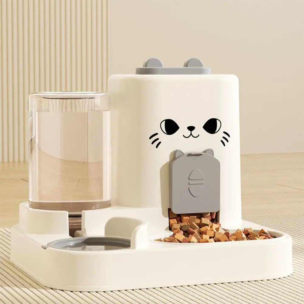 Paw Care USA 2-in-1 smart cat feeder with water fountain featuring a cat face design and dual compartments