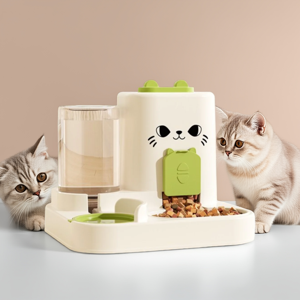Paw Care USA 2-in-1 smart cat feeder with water fountain featuring a cute cat face design and two cats nearby
