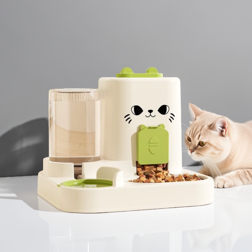 Paw Care USA 2-in-1 smart cat feeder with water fountain featuring a cute cat face design and separate water and food compartments