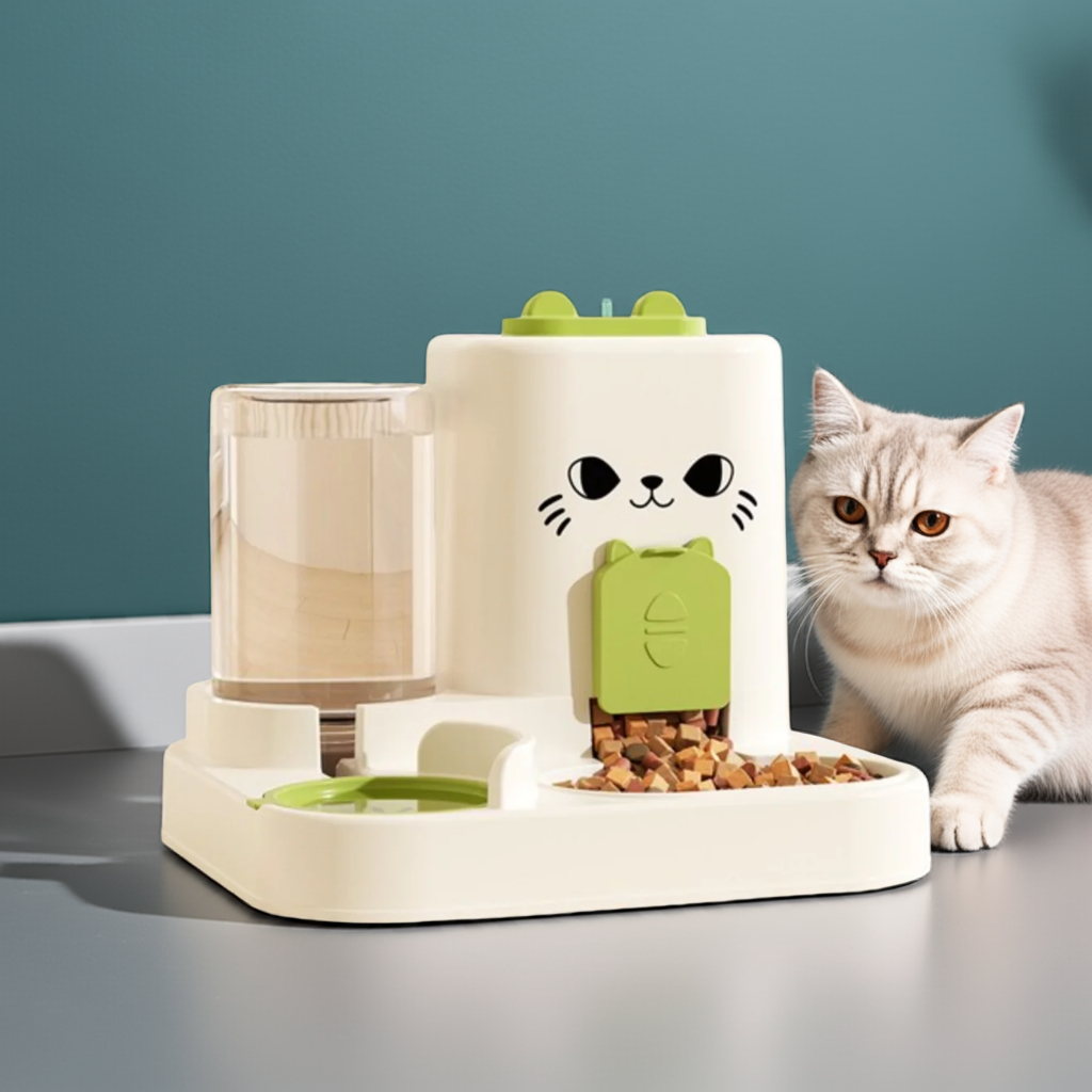 Paw Care USA 2-in-1 smart cat feeder with water fountain featuring a cute cat face design and dry food dispenser