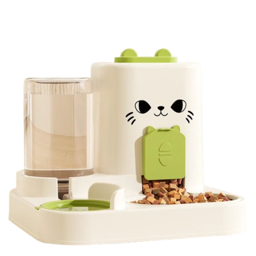 Paw Care USA 2-in-1 smart cat feeder with water fountain in white with green accents and cat face design