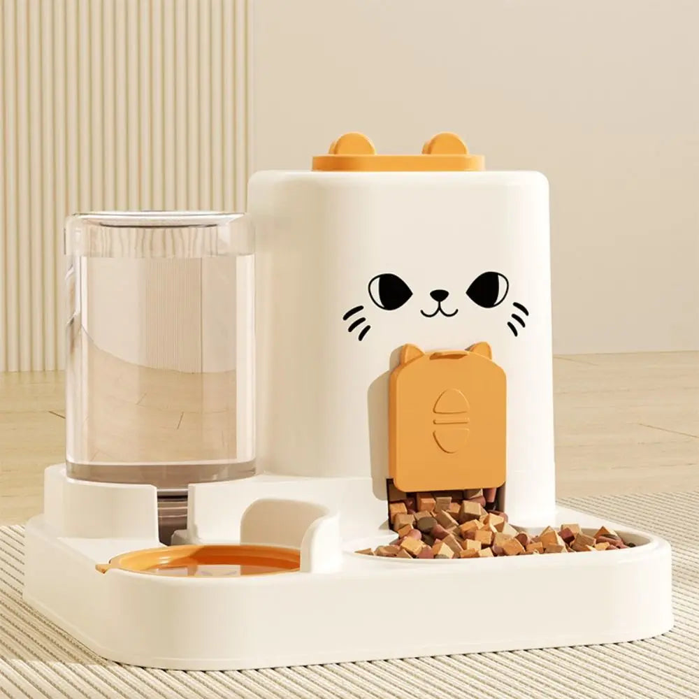 2-in-1 smart cat feeder with water fountain in white and orange with cat face design