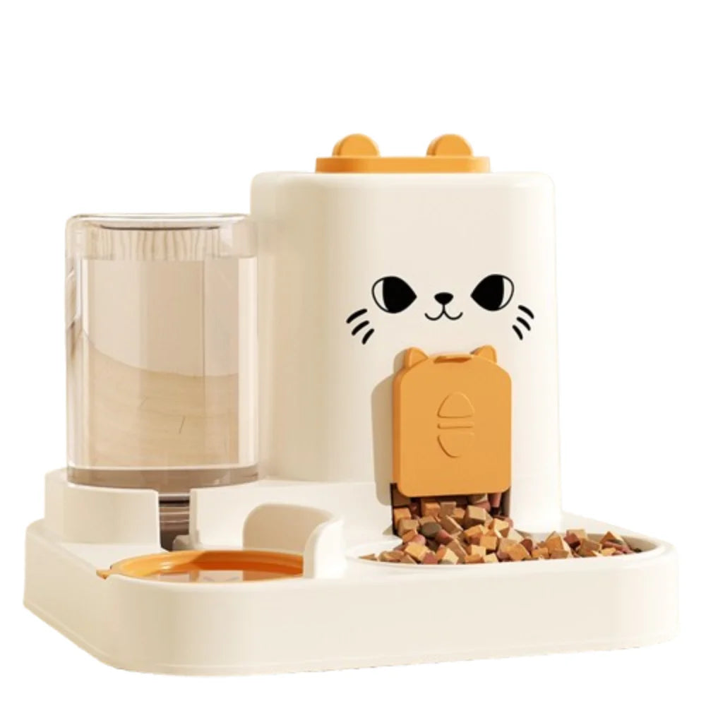 Paw Care USA 2-in-1 smart cat feeder with water fountain in white and orange with cat face design