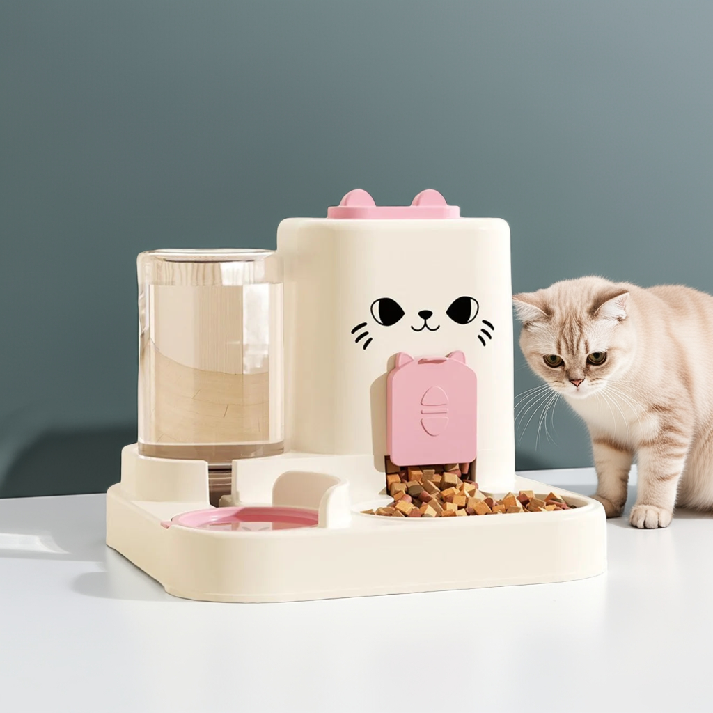 2-in-1 smart cat feeder with water fountain in white and pink with cat face design and dry food dispenser