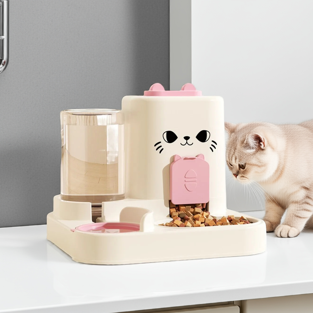 Paw Care USA 2-in-1 smart cat feeder with water fountain in cream and pink with cat food and water