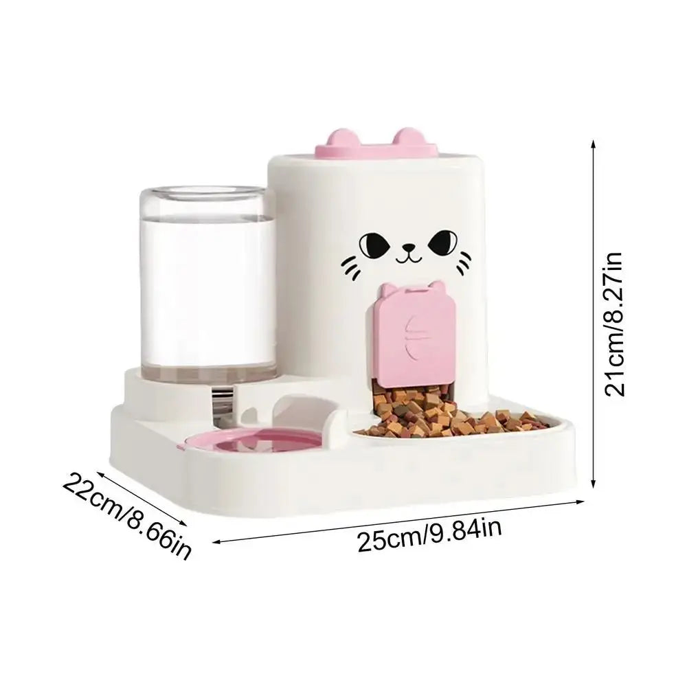 2-in-1 smart cat feeder with water fountain in white and pink with cat face design