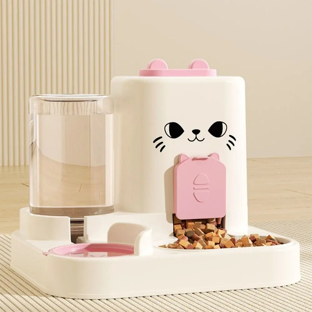 smart cat feeder with water fountain in white and pink with cat face design