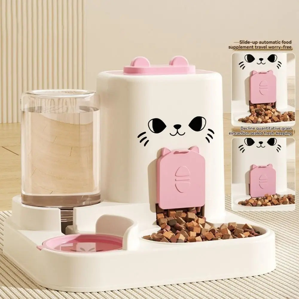 2-in-1 smart cat feeder with water fountain by Paw Care USA featuring a white base with pink cat-themed dispenser and water container