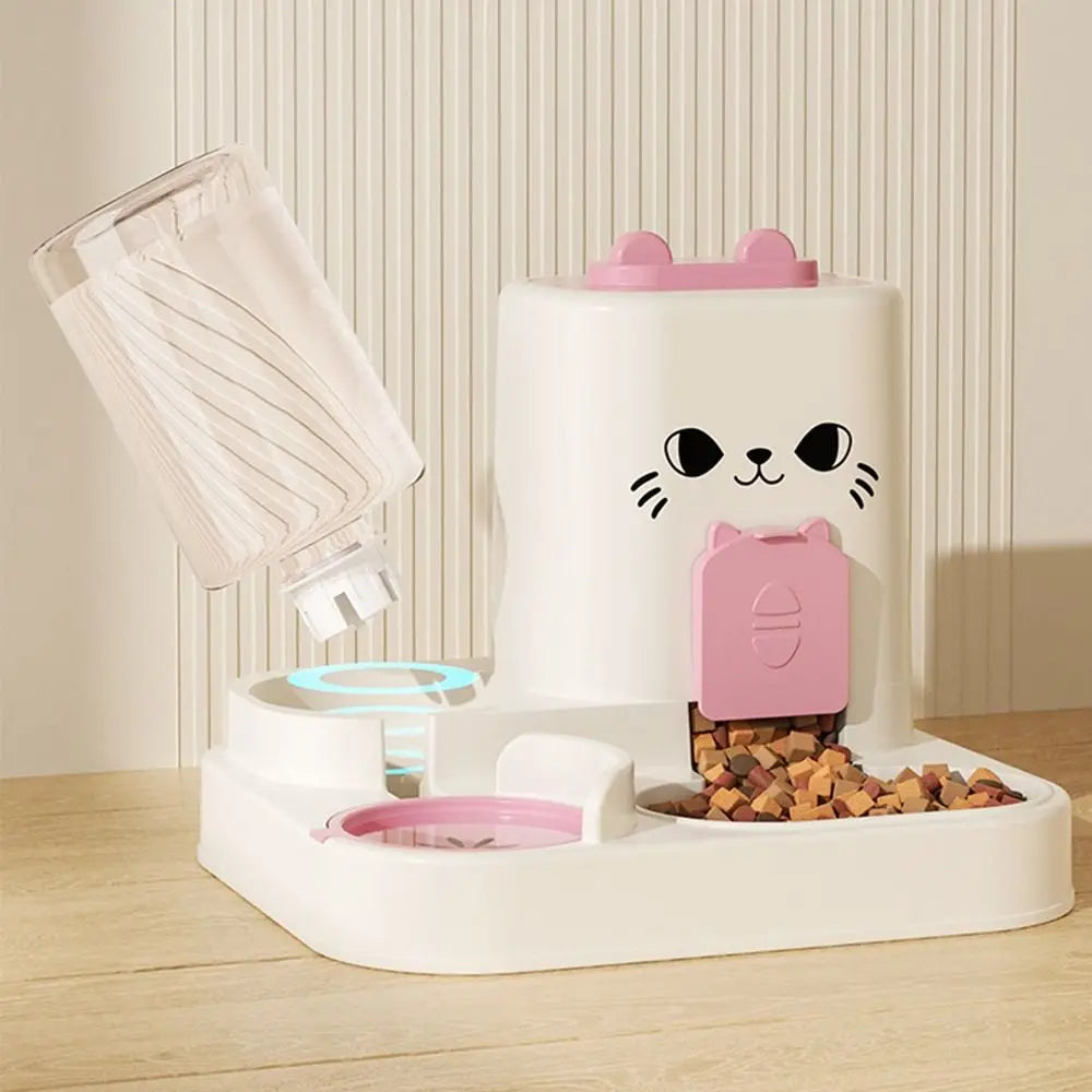 Paw Care USA 2-in-1 smart cat feeder with water fountain in white and pink cat design with food and water compartments