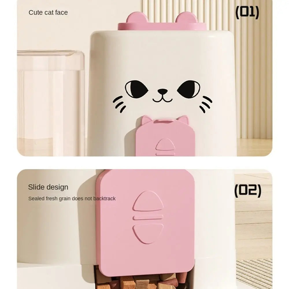 Paw Care USA 2-in-1 smart cat feeder with water fountain featuring a cute cat face and slide design for fresh grain storage