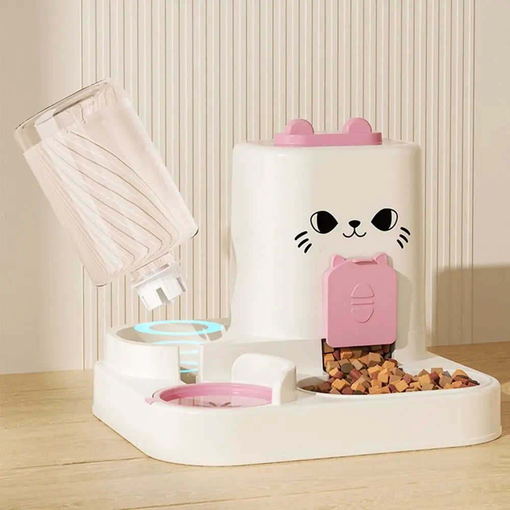 Paw Care USA 2-in-1 smart cat feeder with water fountain featuring a white and pink cat face design