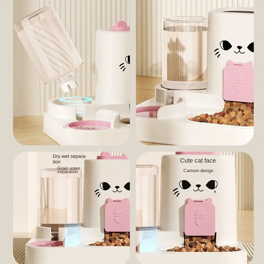 Paw Care USA 2-in-1 smart cat feeder with water fountain featuring a cute cat face and separate dry-wet food compartments
